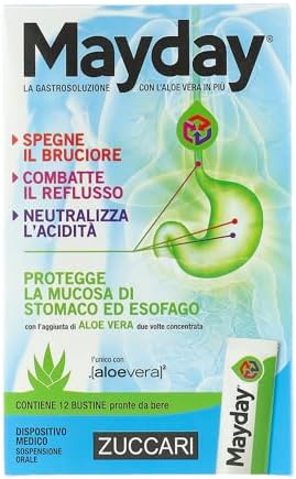 Zuccari Mayday Gastrosoluzione, 12 Stick-Pack da 10ml, Con Aloe Vera a Doppia Concentrazione, Sodio Alginato e Bicarbonato di Sodio, Sollievo per Reflusso Gastroesofageo e Iperacidità
