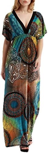 Mochoose Women's Maxi Bohemian Short Sleeve Plus Size Summer Printed V Neck Beach Long Dress(Wheel,24)