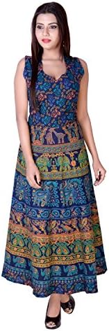 fairdecor Handmade cotton blue green Jaipuri Mandala print one piece Maxi dress