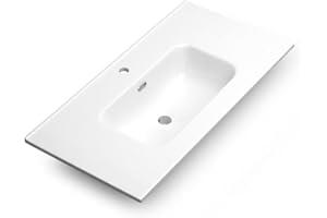 BECRISA Lavabo Cerámico Baño Blanco | Pila Lavamanos Rectangular | Lavabo Integral 1 Seno Centrado 91.5 cm Ancho X 46.5cm Fondo | Rebosadero y Agujero de Grifo (90cm 1 Seno)