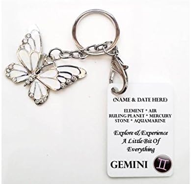 Personalised Gemini Butterfly Keyring – Zodiac Star Sign. Suitable for Birthday Christmas, Thank You. Any Occasion. Personalised details required.