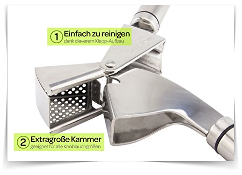 Sandford Knoblauchpresse | Edelstahl-Presse mit gratis Silikon-Knoblauchschäler | Knoblauchschneider Set mit Schäler / Knoblauch-Rolle | zur Verarbeitung von Knoblauch und Ingwer | spülmaschinenfest - 4