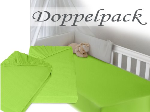 Doppelpack zum Sparpreis – Kinder-Jersey-Spannbetttuch – mit einer Steghöhe von ca. 20 cm passend für Kinder- und Babybettmatratzen – erhältlich in 15 ausgesuchten Farben und einer Einheitsgröße von 60-70 cm x 120-140 cm, apfelgrün - 3