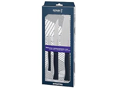 Opinel - Coffret Trio Intempora - Couteaux Set de Couteaux de Cuisine Professionnels - Couteau d'Office, Couteau à Découper, Couteau Chef - Lame INOX & Manche Polymère - Bleu Foncé