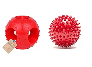 Goofy Tails Rubber Chew Dog Toy Combo Spiked Ball + Hole Ball (Red,Medium)