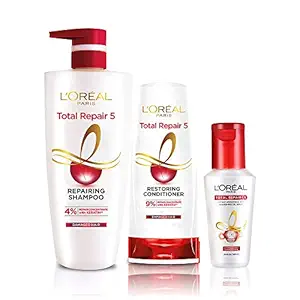 LOreal Paris Total Repair 5 Combo (Total Repair Shampoo, 704 ml + Total Repair Conditioner, 192.5 ml + Total Repair Serum, 40 ml), 936.5 ml (Pack of 3) | Paraben Free | Repairs hair fall, dryness, roughness, dullness and split-ends