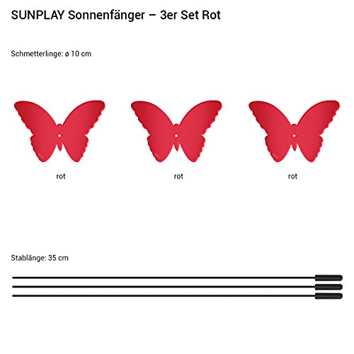 SUNPLAY Sonnenfänger „Schmetterlinge Isabelle“ in ROT, 3 Stück je 10 cm Durchmesser im Set + 35 cm Schwingstäbe - 2