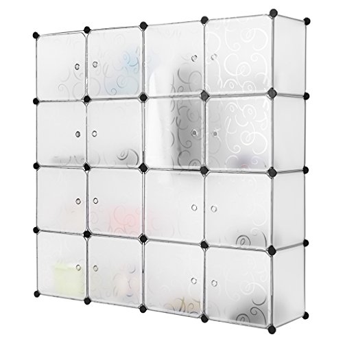 Finether Steckschrank Steckregal Regalsystem Steckregalsystem DIY Cube Regal mit Türen und Kleiderstange aus Kunststoff halb transparent 16 Fächer 147 x 147 x 37 cm | Wohnregal Stehregal Standregal Kleiderschrank Schuhschrank Aufbewahrungsregal für Kleidung Schuhe Spielzeug Bücher