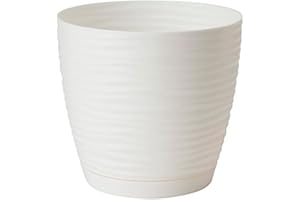Acan Tradineur - Maceta Redonda con Plato - Diseño Sahara (Ø 23 cm) - Fabricado en plástico - Ideal para jardín Exterior, terraza o balcón - Color Blanco