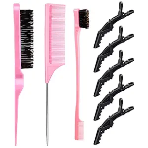 3 Pcs Hair Styling Comb Set Teasing Brush Set Bristle Hair Brush 3 Row Teasing Brush Dual Edge Brush Rat Tail Comb Parting Comb with 5 Alligator Hair Clips for Stylist Women Girls (Pink)