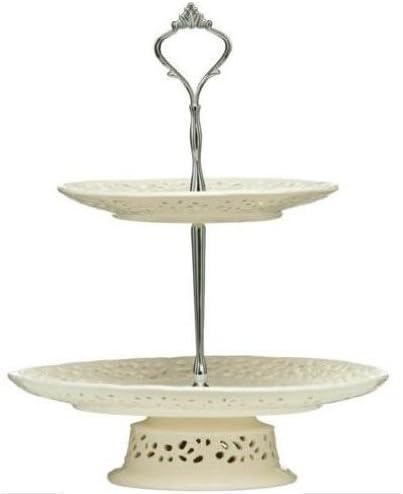 2 Tier Cream White Lace Ceramic Cake Stand Plate