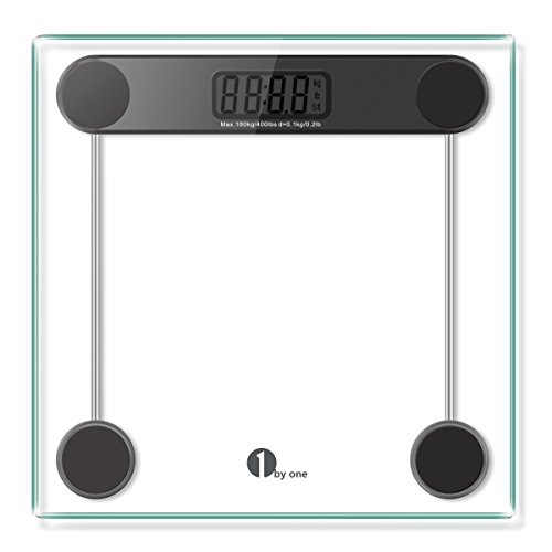 1byone báscula corporal de baño, 180kg/400lb, vidrio templado y tecnología de encendido con pisado, precisión 0.1kg/0.2lb, negra