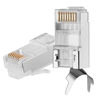 TECH-X RJ45 Cat7 & Cat6A Crimping Connectors plug, 50U Nickel Plated 3 Prong Shielded FTP/STP External Ground for 23 AWG (0.573mm) Network Cable, Metal Shielded, RJ45 8P8C Modular Plug,Pack 30