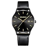 ❀LuccyOne❀Herren Casual Edelstahl GehäUse Lederband Quarz Analog Datum Armbanduhr Watch,Klassisch Analog Quarz DüNn Armbanduhr Gents,Luxus Elegant Schwarz Uhr Mit Schwarz Zifferblat