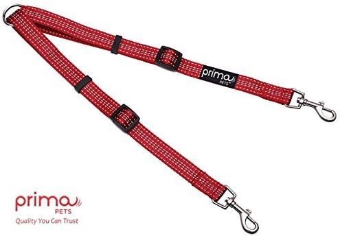 Prima Pets Reflective Adjustable Double Dog Coupler - Each Side Adjusts 28 cm to 51 cm in Length - Strong Nylon Lead Splitter - Walk 2 Dogs with Ease (MEDIUM – 2 cm Width, RED)