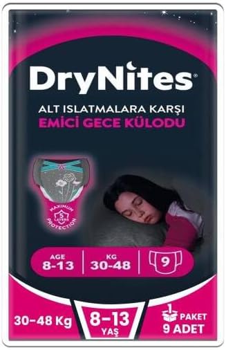 Huggies DryNites Emici Gece Külodu Kız, 8-13 Yaş, 30-48 kg, 9 Adet