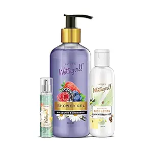 Layerr Wottagirl Combo | Wildberry & Chamomile Shower Gel 300ML | Tuscan Green Body Splash 25ML | Moisturising Body Lotion 100ML | for Women