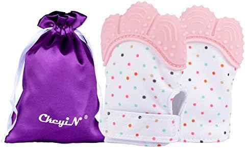 Teething Mitten, Erjing 2 Pack Food Grade Silicone Mitten Teether Baby Teething Glove with Secure Adjustable Strap for 3-18 Months (Pink)