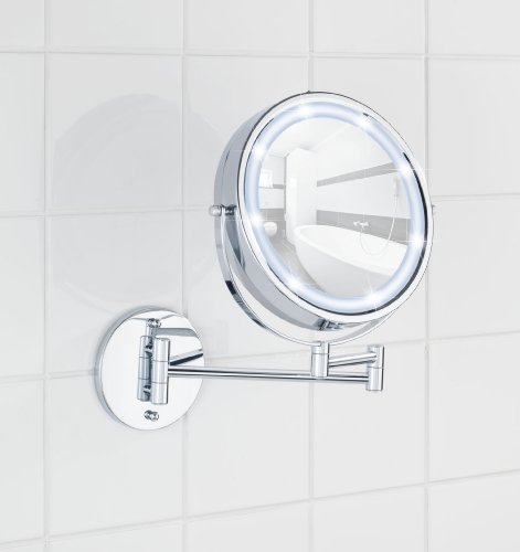 WENKO 3656530100 Power-Loc LED Wandspiegel Lumi – Befestigen ohne bohren, Spiegelfläche ø 17.5cm, 500% Vergrößerung, Stahl, 25.5 x 32 x 4-35 cm, Chrom - 15