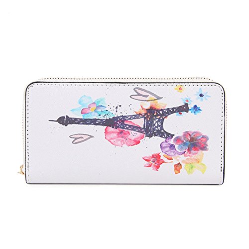 Portafoglio per donna di Vera Pelle Portafoglio per Portafoglio Cute Girl, portafogli per cartoni animati (Torre Eiffel bianca)