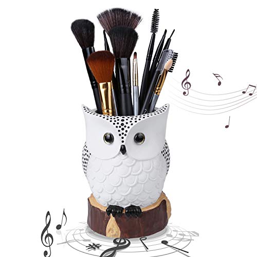 iGutech Organizador de Maquillaje con Forma de búho y función de Caja Musical, poliresina de Lujo, Soporte para brochas con Perlas, Regalo de cumpleaños, Navidad, Regalo para decoración.