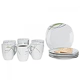 Weißes Qualitätsporzellan Frühstücksset Donna 12tlg. - 6 Teller á 19cm und 6 Becher á 33cl aus weißem Porzellan mit Linien- Dekor in schwarz, grau und grün - für 6 Personen