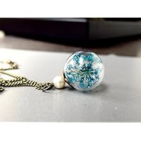 Kette antik bronze - Dillblüten blau in Glaskugel