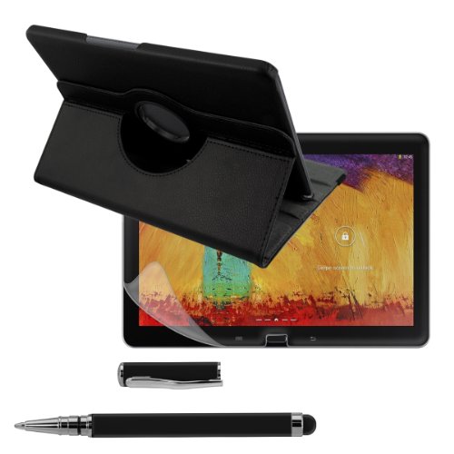 3in1 Set: kwmobile Hülle für Samsung Galaxy Note 10.1 P600 Edition 2014 - 360° Standfunktion Case Tablet Schutzhülle Kunstleder - Smart Cover Tabletcase Schwarz + Folie, kristallklar + Stylus, Schwarz