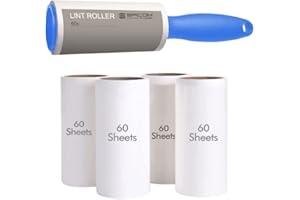SPICOM Lint Roller, 5 Sticky Replacement Heads with 1 Handle, Total 300 Easy Peel Sheets, Quickly Removes Animal Fur, Cat & Dog Hair, Dust & Fluff from Clothes, Furniture, Carpet (5 Pack / 300 Sheets)