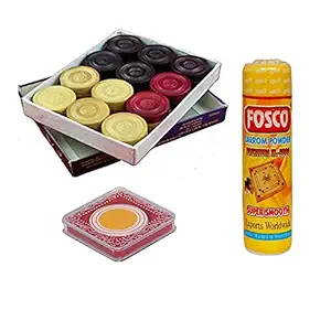 Optimus Premium Carrom Combo O - 250 gm Disco Carrom Powder 1 Set Wooden Carrom-Men Coins & 1 Acrylic Striker