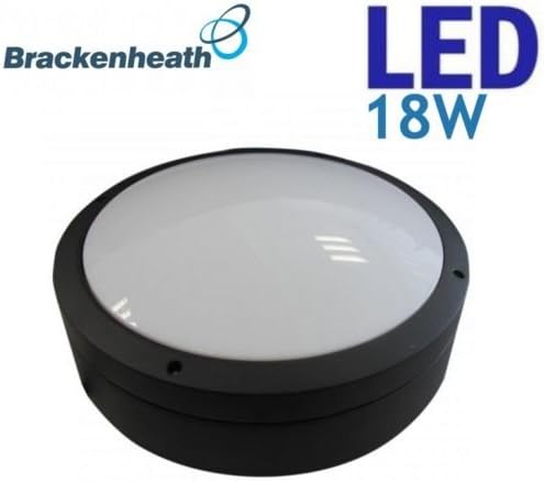 Brackenheath 18w Black Circular Modern Indoor High Quality Die-Dast Body LED Outdoor Indoor Ceiling or Wall 6000K IP65 Low Energy Saving Bathroom Corridor White Frosted Lens Round Robust Bulkhead Welcome Hallway Light - Supplied With Integrated Daylight White LED Fitting