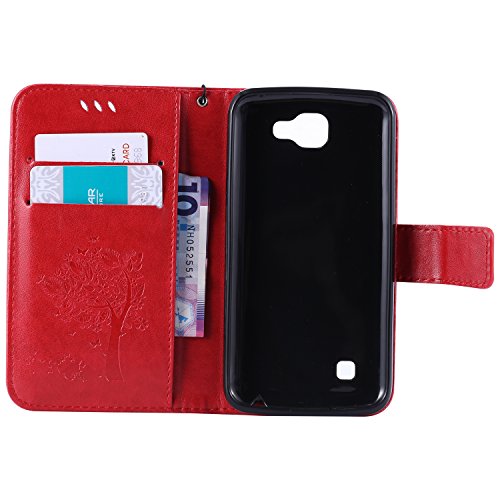 LG K4 Hülle Rote im Retro Wallet Design,Cozy Hut LG K4 Hülle Leadertasche Premium Lederhülle Flip Case im Bookstyle Folio Cover Kartenfächer Magnetverschluss und Standfunktion Leder Schale Etui für LG K4 (4,5 Zoll) Handytasche Schutzhülle Katzen und Bäume Muster – Rote - 6