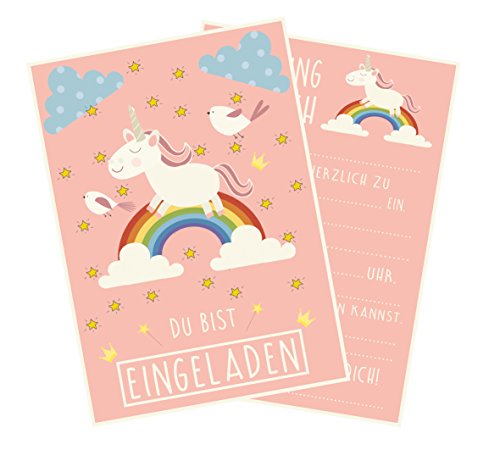 12 Einladungskarten für deine Geburtstags-Party im Einhorn Style, Regenbogen und Wolken, ideal für Mädchen