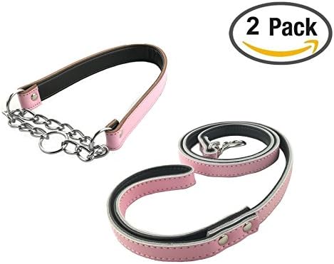 Newtensina Dog Collars and Lead Sets Cool PU Leather Half Chain Dog Choke Collar Training Collars Semi Chain Dog Collar with Leashes for Dogs - Pink - L
