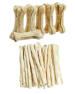 Pet D All Life Stages Rawhide Twisted Treat White Chew Sticks + 3 Inch Bone for Dogs (450Gram)