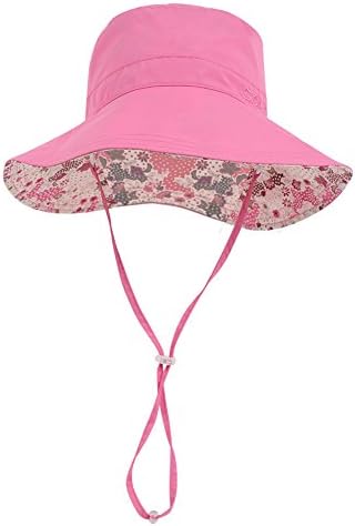 Wide Brim Bucket Sun Hat UV50+ Protection - Summer Boonie Fishing Beach Hats with Adjustable Chin Cord and Flower Pattern Design - Packable Outdoor Floppy Cap - Women Men (Rose, Kids (54CM-56CM))
