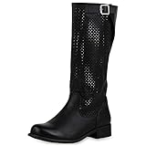  SCARPE VITA Damen Schlupfstiefel Cut Out Sommerstiefel Leder-Optik Schuhe Schnallen Stiefel Holzoptikabsatz Boots 175106 Schwarz 36