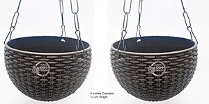 Oshi Greens Plastic Hanging Flower Pot Basket With Hook Chain, Brown, B-22 cm, H-13 cm, 2 Pieces