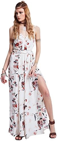 Bohoartist Women 2 Side Slit White Floral Print Sleeveless V Neck Cropped Wide Leg Jumpsuit Playsuit