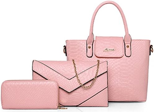 Snakeskin Grain PU Leather Handbag+Shoulder Bag+Purse 3pcs Bag in 1 set(Pink)