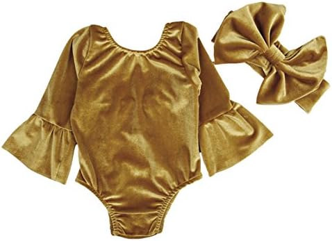 LYhoneys Baby Girls Speaker Sleeve Golden Velvet Romper Bodysuit + Big Bowknot Headband (100(12-18Months), Brown)