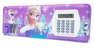 Shifaa Enterprise Multipurpose Magnetic Pencil Box with Calculator & Dual Sharpener for Girls & Boys for School | Big Size Cartoon Printed Pencil Case for Kids (Frozen Purple )