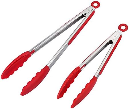 Wolecok Kitchen Premium Silicone Tongs 2 Pack(9-Inch &amp; 12-Inch) Non-slip &amp; Easy Grip Stainless Steel Handle - Smart Locking Clip - Heat Resistant, Food Grade - Handy Utensil For Baking ,Cooking, Serving, Barbecue, Buffet, Salad, Ice, Oven (Red)