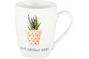VILLA ITALIA Kubek Porcelanowy - Botanic 330 ml LOVE GROWS HERE - Kubek do Kawy Herbaty Kakao - Duży Kubek - Porcelana - Mleczna Biel - Idealny na Prezent - Kubek z Uchwytem