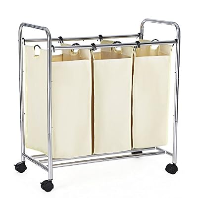 Songmics Chariot Panier à linge amovible en cadre chrome 3 sacs avec la capacité de 117 L, couleur beige LSF003S