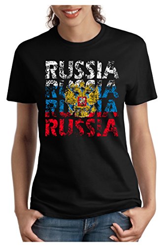 OM3 – RUSSIA – Damen T-Shirt tailliert – RUSSLAND EM 2016 FRANKREICH FRANCE FUSSBALL FANSHIRT SOCCER SPORT TRIKOT EUROPAMEISTER, L, schwarz