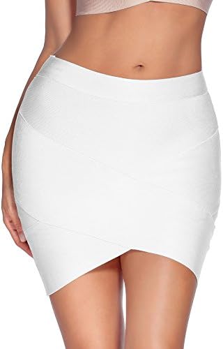 Shownice Ladies Girls Rayon Irregular Bandage Bodycon Stretch Short Mini Office Pencil Skirt School Office Work X-Small White