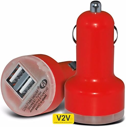 Doogee S60 (5.2") - Compact Micro Bullet Twin Dual USB In-Car Charger Adapter (Red) by V2V international