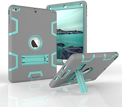 Hansin iPad Air Case (2013 release), [Kickstand] Three Layer Hybrid Heavy Duty Full-Body Shockproof Anti-Slip Protective Case for Apple iPad Air, Gray/Aqua