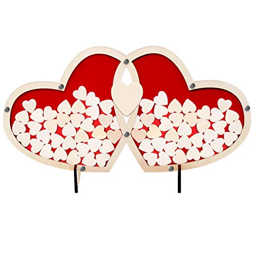 Libro de Invitados Corazones de Madera para Boda, UlifeME Corazón Drop Caja con 80 Piezas de 30mm Corazones de Madera Pequeños, 2 Piezas de 80mm Corazones de Madera y 1 Pieza de Rotulador Tiza Negra